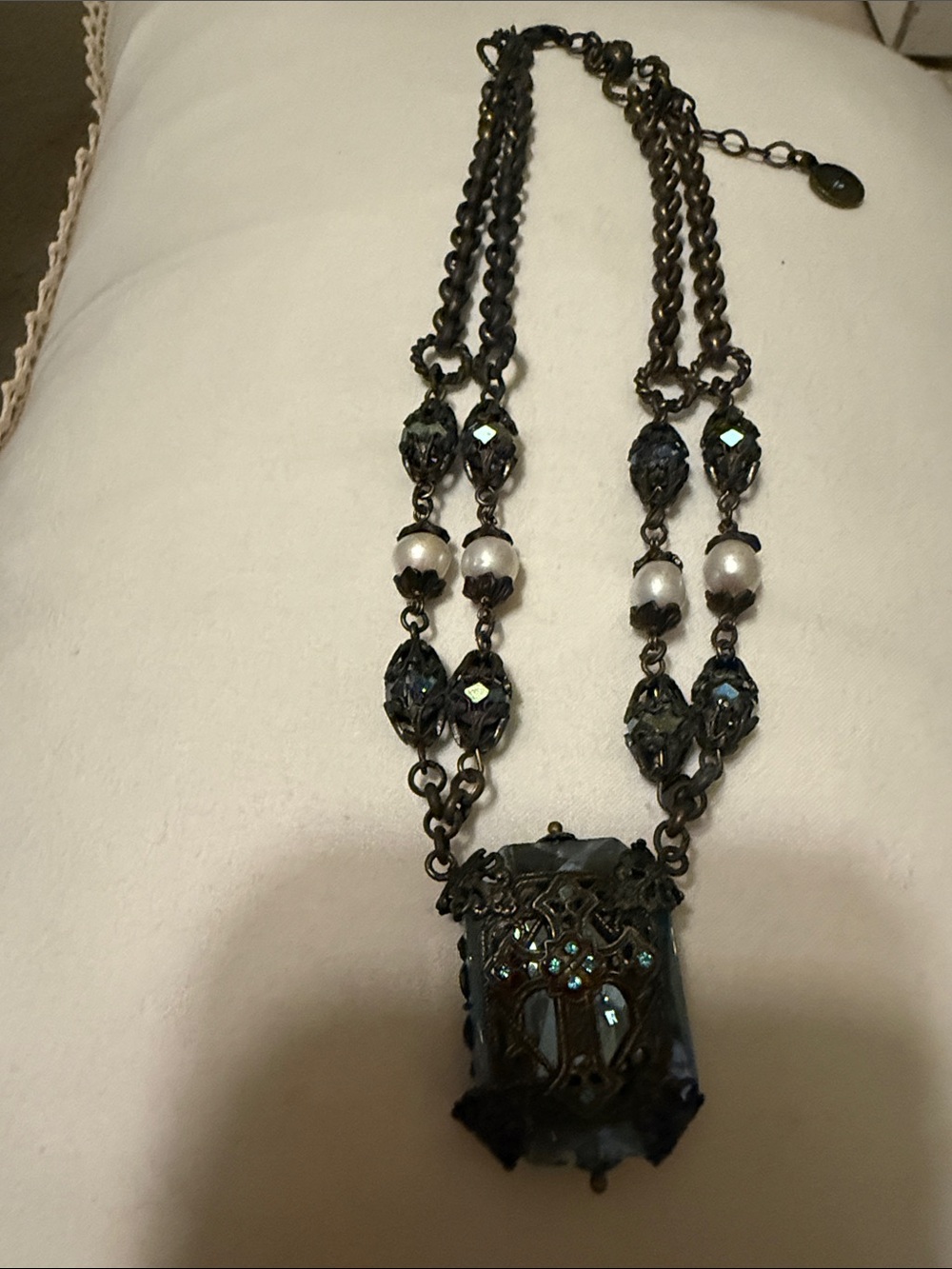 Sweet Romance gunmetal blue crystal pendant necklace with pearl accents